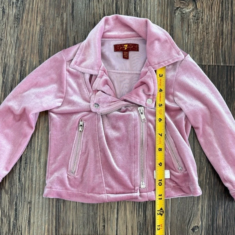 7 For All Mankind Pink Velour Full Zip Baby Moto Jacket Size 12 Months Logo
